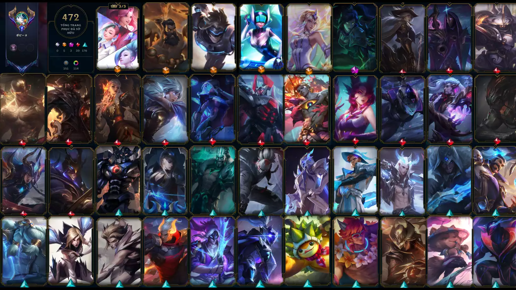 ACC 5VS5 FULL CHAMP  SKIN : 472 , 5 CAM 3 TÍM 39 ĐỎ 176 SỬ THI,FULL TƯỚNG , ĐA SẮC : 116,CỜ HIỆU NOXUS, LV : 637, DƯ 27K THL RANK : DD LB 4 LH 2 DTCL LB 2 ,365K TT LEESIN DTCL : ASHE  TÍ NỊ VÀ NHIỀU PET 3 SAO ,SÂN ĐỎ ,CHƯỞNG LỰC NHIỀU CÒN ĐỔI TÊN